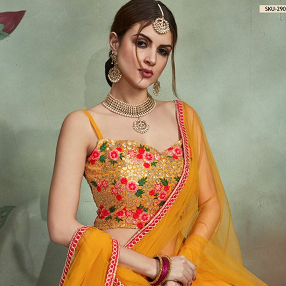 More than Fashion Mustard Net Thread With Sequence Work Lehenga Choli - Picture 2 of 2